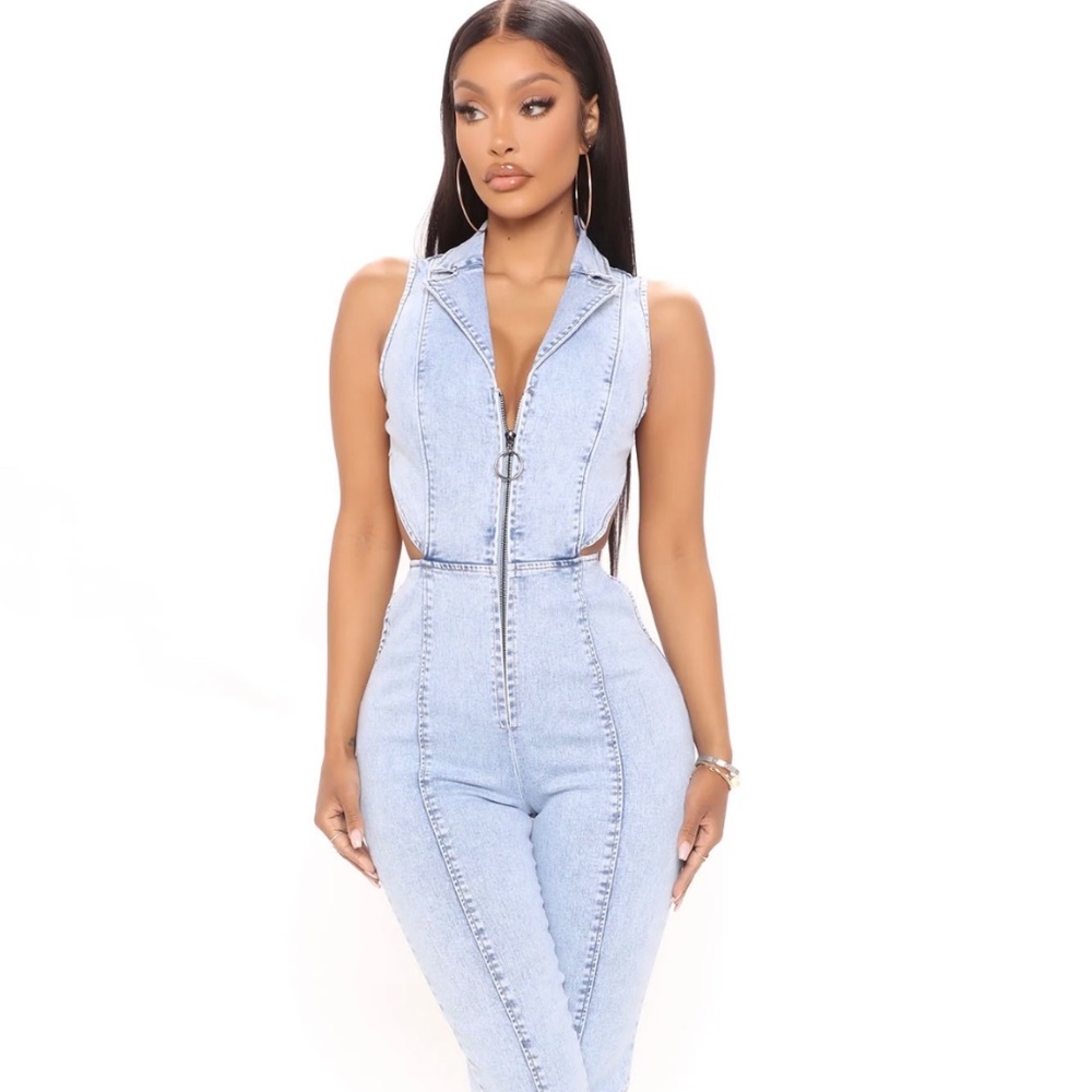 Denim Halter Jumpsuit - Picture 1 of 4